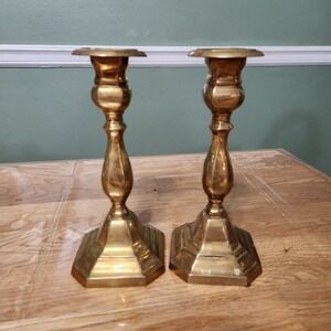 Vintage Solid Brass Candlestick Holders 7.5" Pair Square Base